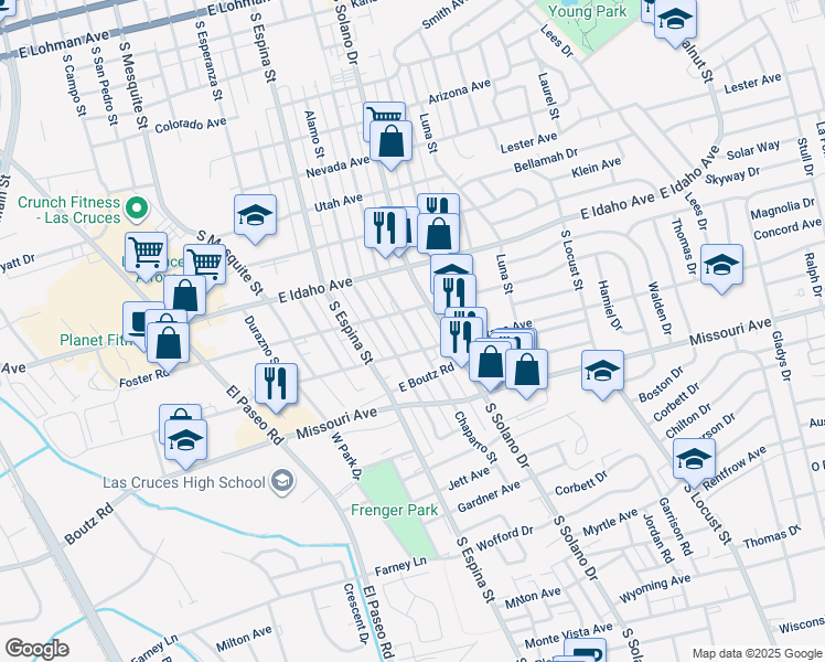 map of restaurants, bars, coffee shops, grocery stores, and more near 1491 Alamo Street in Las Cruces