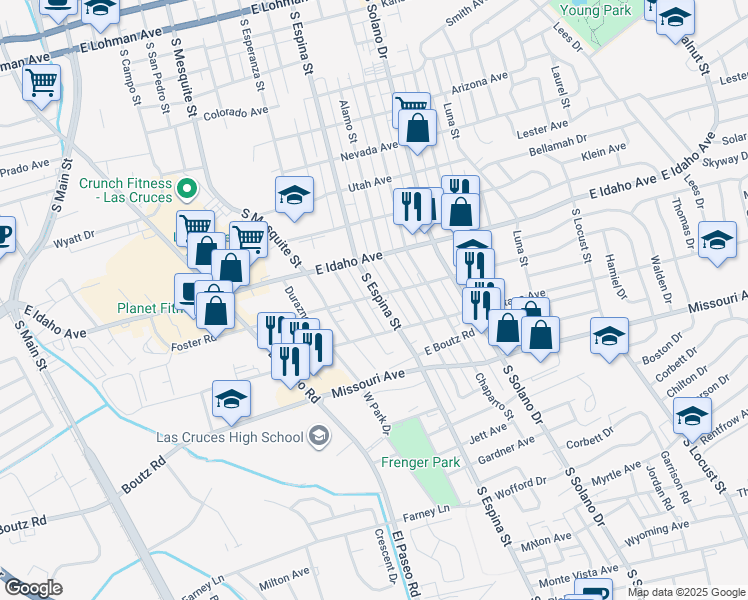 map of restaurants, bars, coffee shops, grocery stores, and more near 1445 South Espina Street in Las Cruces