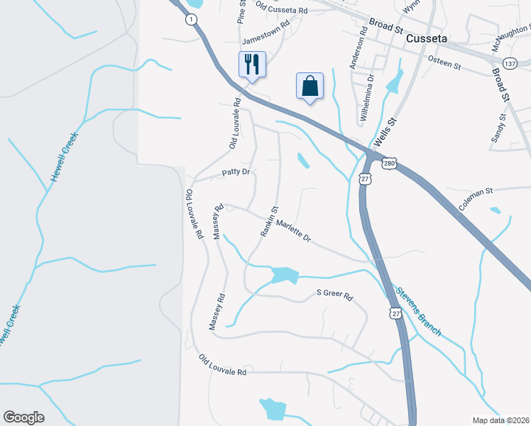map of restaurants, bars, coffee shops, grocery stores, and more near 147 Marlette Drive in Cusseta