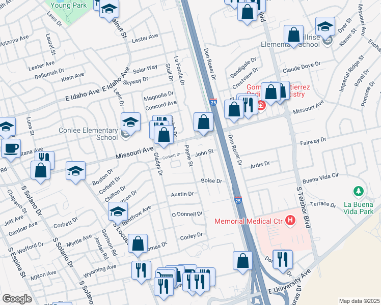 map of restaurants, bars, coffee shops, grocery stores, and more near 1745 Payne Street in Las Cruces