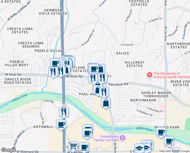 map of restaurants, bars, coffee shops, grocery stores, and more near 44 West River Road in Tucson