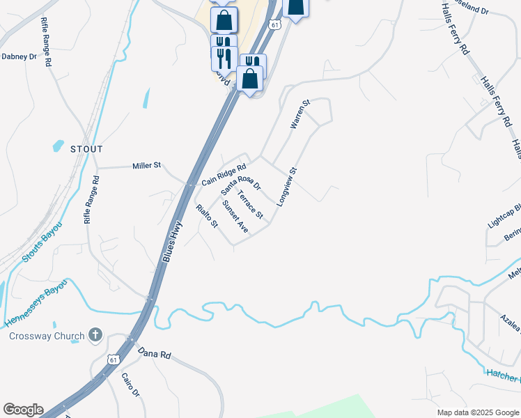 map of restaurants, bars, coffee shops, grocery stores, and more near 600-604 Santa Rosa Drive in Vicksburg