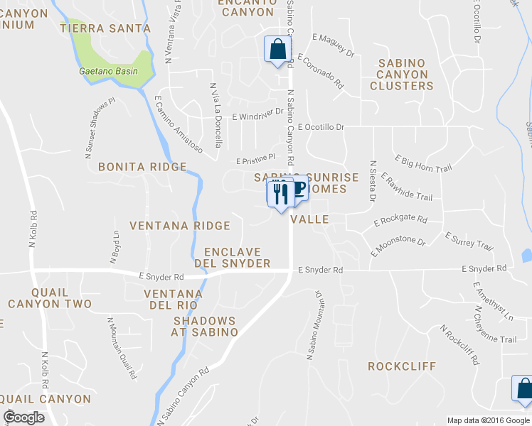 map of restaurants, bars, coffee shops, grocery stores, and more near 7832 East Sabino Hollow Court in Tucson