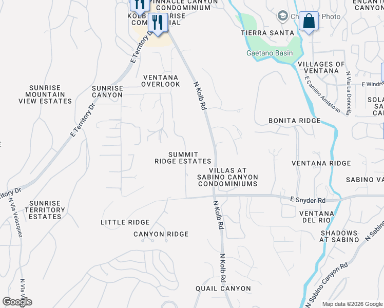 map of restaurants, bars, coffee shops, grocery stores, and more near 4980 North Summit Ridge Road in Tucson