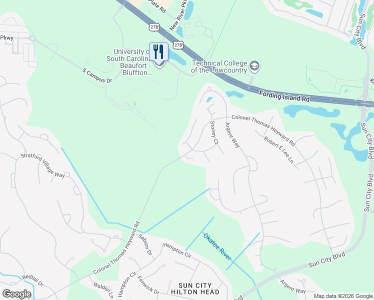 map of restaurants, bars, coffee shops, grocery stores, and more near 8 Bailey Lane in Bluffton