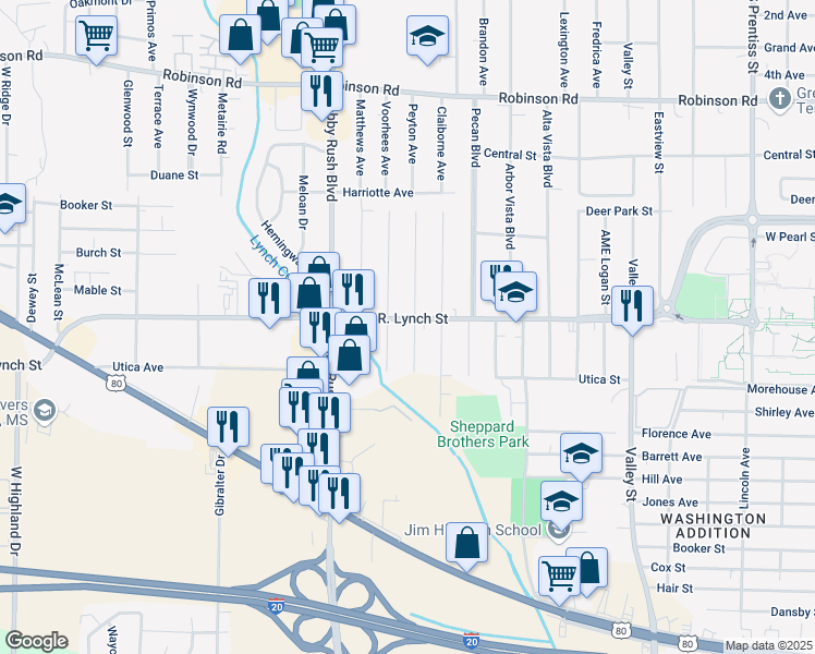map of restaurants, bars, coffee shops, grocery stores, and more near 2610 John R. Lynch Street in Jackson