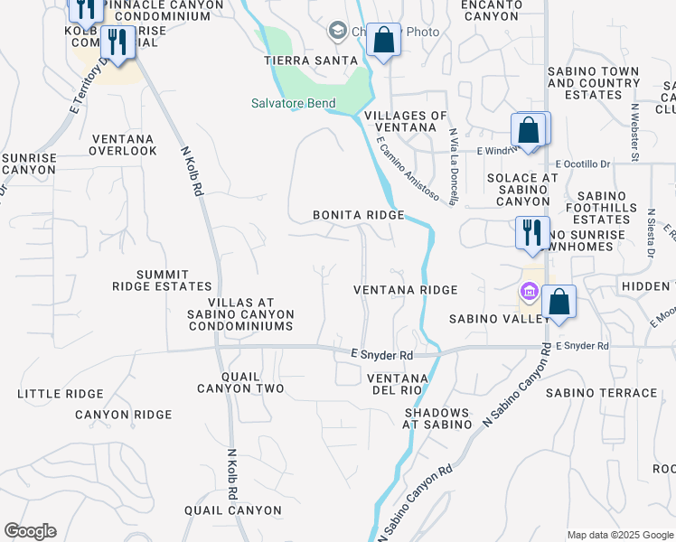 map of restaurants, bars, coffee shops, grocery stores, and more near 7462 East Valley Lights Place in Tucson