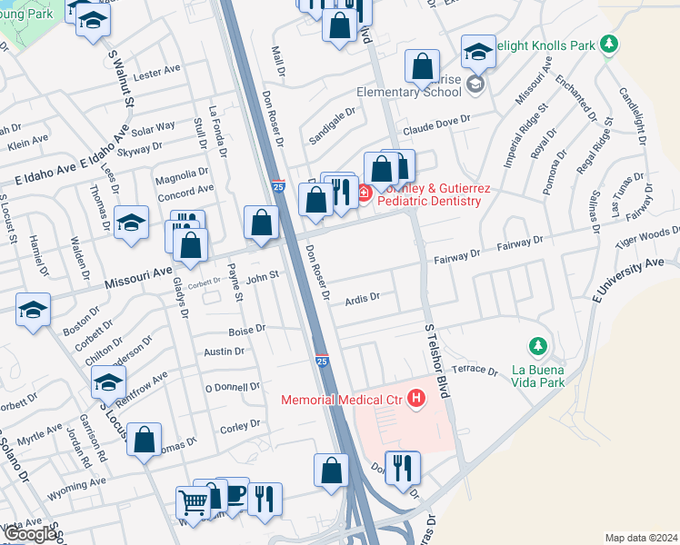 map of restaurants, bars, coffee shops, grocery stores, and more near 2650 Fairway Drive in Las Cruces