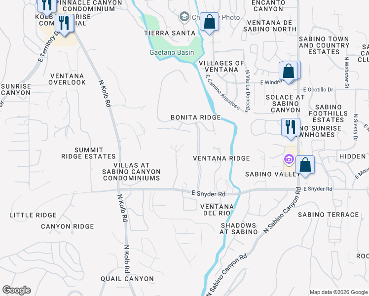 map of restaurants, bars, coffee shops, grocery stores, and more near 7462 East Valley Lights Place in Tucson