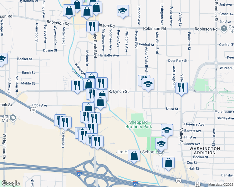 map of restaurants, bars, coffee shops, grocery stores, and more near 2610 John R. Lynch Street in Jackson