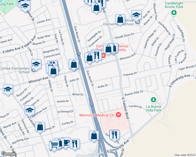 map of restaurants, bars, coffee shops, grocery stores, and more near 2630 Fairway Drive in Las Cruces