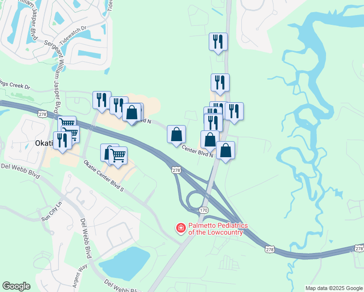 map of restaurants, bars, coffee shops, grocery stores, and more near 142 Okatie Center Boulevard North in Okatie