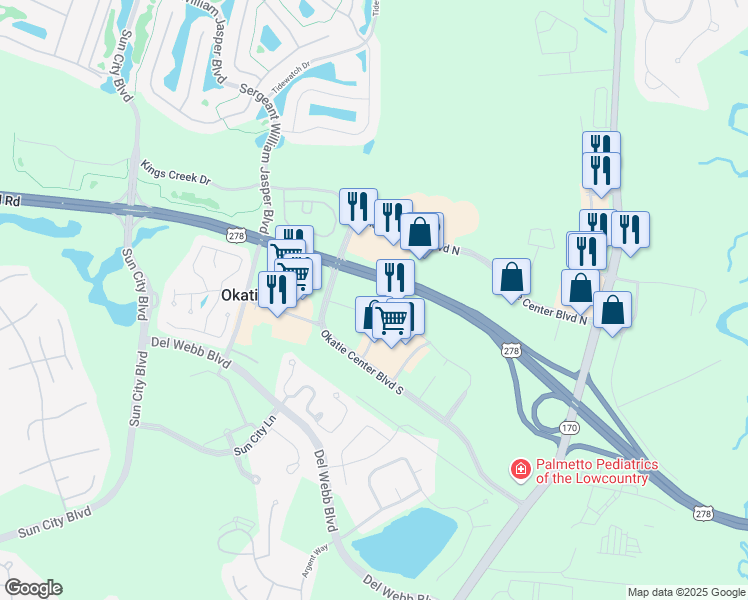 map of restaurants, bars, coffee shops, grocery stores, and more near 197 Okatie Village Drive in Okatie
