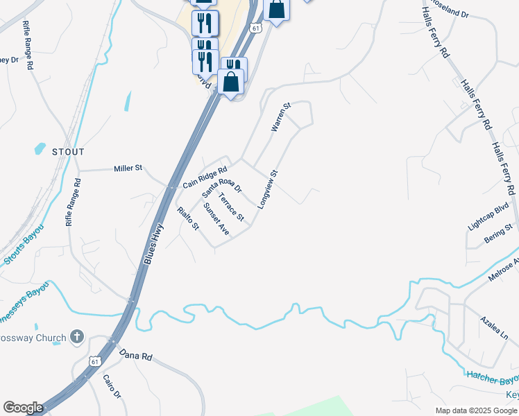 map of restaurants, bars, coffee shops, grocery stores, and more near 600 Santa Rosa Drive in Vicksburg