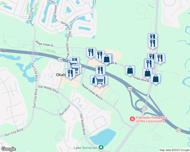 map of restaurants, bars, coffee shops, grocery stores, and more near 197 Okatie Village Drive in Okatie