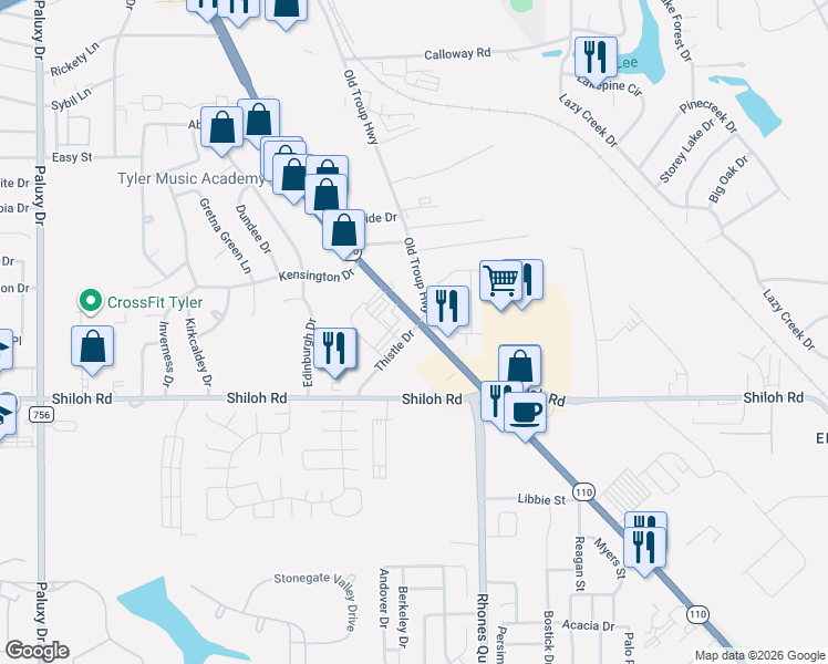 map of restaurants, bars, coffee shops, grocery stores, and more near 4827 Troup Highway in Tyler