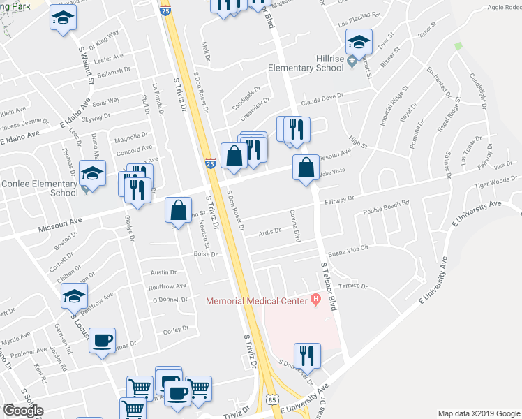 map of restaurants, bars, coffee shops, grocery stores, and more near 2650 Fairway Drive in Las Cruces
