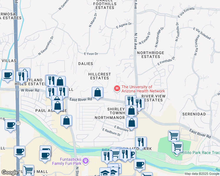 map of restaurants, bars, coffee shops, grocery stores, and more near 5016 North Hillcrest Drive in Tucson