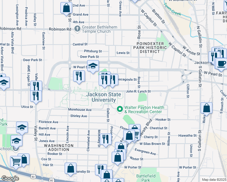 map of restaurants, bars, coffee shops, grocery stores, and more near 1400 John R. Lynch Street in Jackson