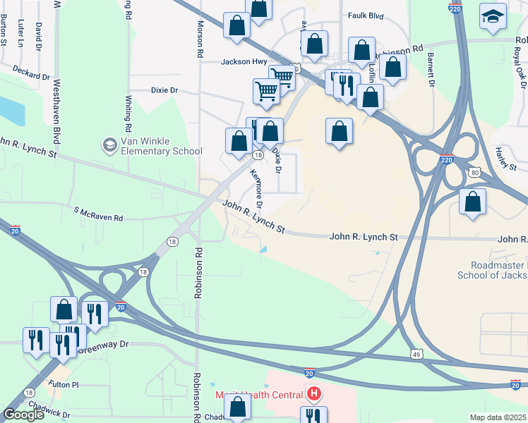 map of restaurants, bars, coffee shops, grocery stores, and more near 1840 Kenmore Drive in Jackson