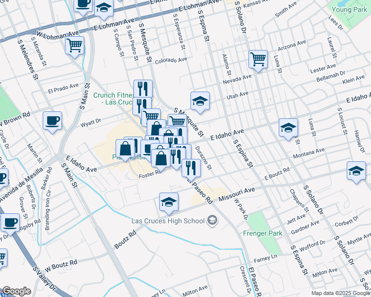 map of restaurants, bars, coffee shops, grocery stores, and more near 1285 El Paseo Road in Las Cruces