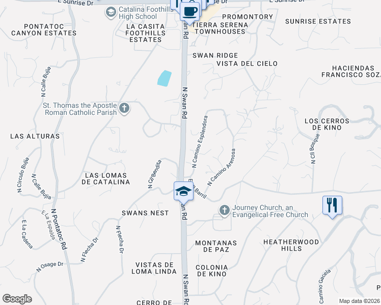 map of restaurants, bars, coffee shops, grocery stores, and more near 5011 North Camino Esplendora in Tucson