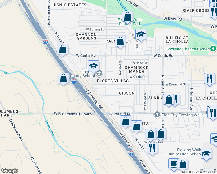 map of restaurants, bars, coffee shops, grocery stores, and more near 2881 West Diamond Street in Tucson