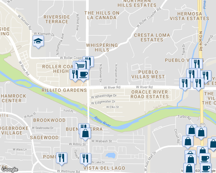 map of restaurants, bars, coffee shops, grocery stores, and more near West River Road in Tucson