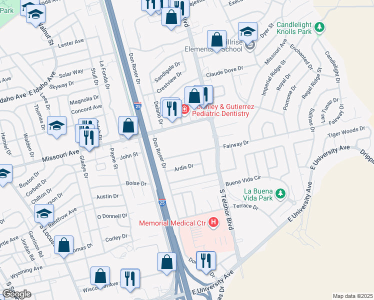 map of restaurants, bars, coffee shops, grocery stores, and more near 2730 Fairway Drive in Las Cruces