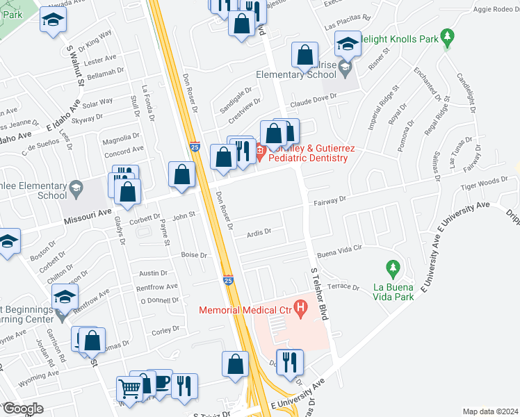map of restaurants, bars, coffee shops, grocery stores, and more near 2720 Fairway Drive in Las Cruces