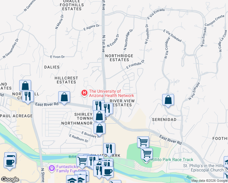 map of restaurants, bars, coffee shops, grocery stores, and more near 5025 North Campana Drive in Tucson
