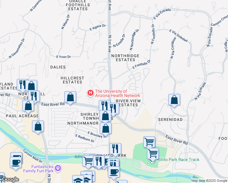 map of restaurants, bars, coffee shops, grocery stores, and more near 5010 North 1st Avenue in Tucson