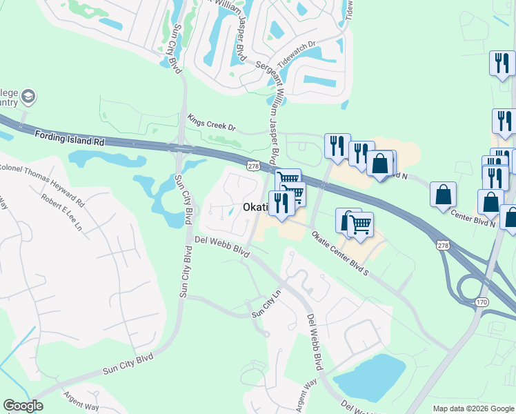 map of restaurants, bars, coffee shops, grocery stores, and more near in Okatie