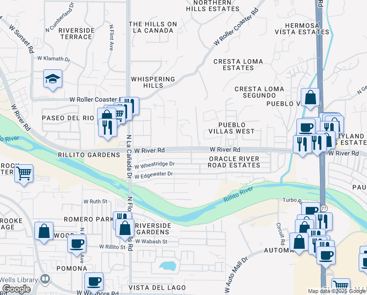 map of restaurants, bars, coffee shops, grocery stores, and more near 9500 North Rancho Feliz Drive in Tucson