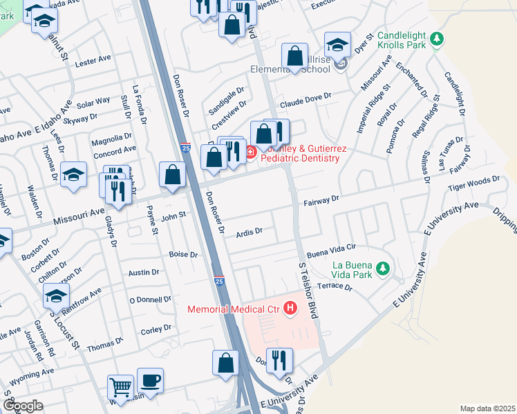 map of restaurants, bars, coffee shops, grocery stores, and more near 2730 Fairway Drive in Las Cruces