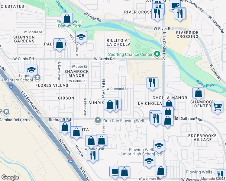 map of restaurants, bars, coffee shops, grocery stores, and more near 2444 West Diamond Street in Tucson