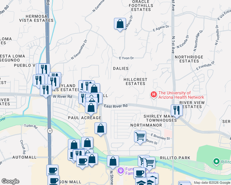 map of restaurants, bars, coffee shops, grocery stores, and more near 209 East River Road in Tucson
