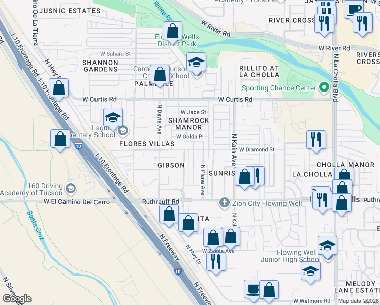 map of restaurants, bars, coffee shops, grocery stores, and more near 29 North Sunrise Avenue in Tucson
