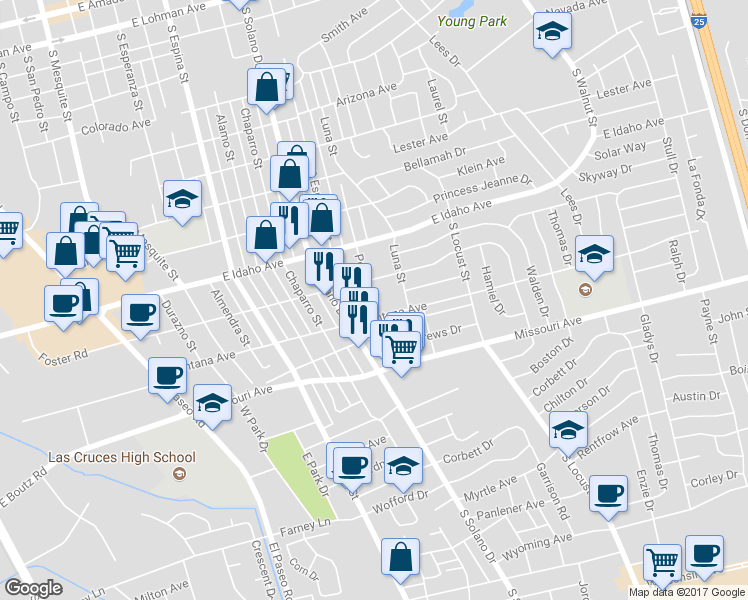 map of restaurants, bars, coffee shops, grocery stores, and more near 1435 Pecos St in Las Cruces