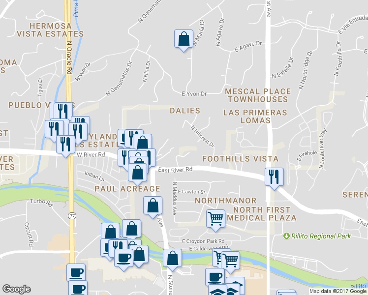 map of restaurants, bars, coffee shops, grocery stores, and more near 209 East River Road in Tucson