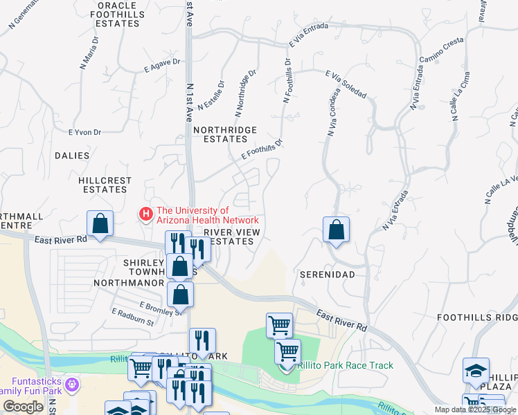 map of restaurants, bars, coffee shops, grocery stores, and more near 5024 North Louis River Way in Tucson