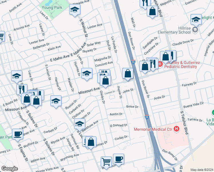 map of restaurants, bars, coffee shops, grocery stores, and more near Missouri Avenue in Las Cruces