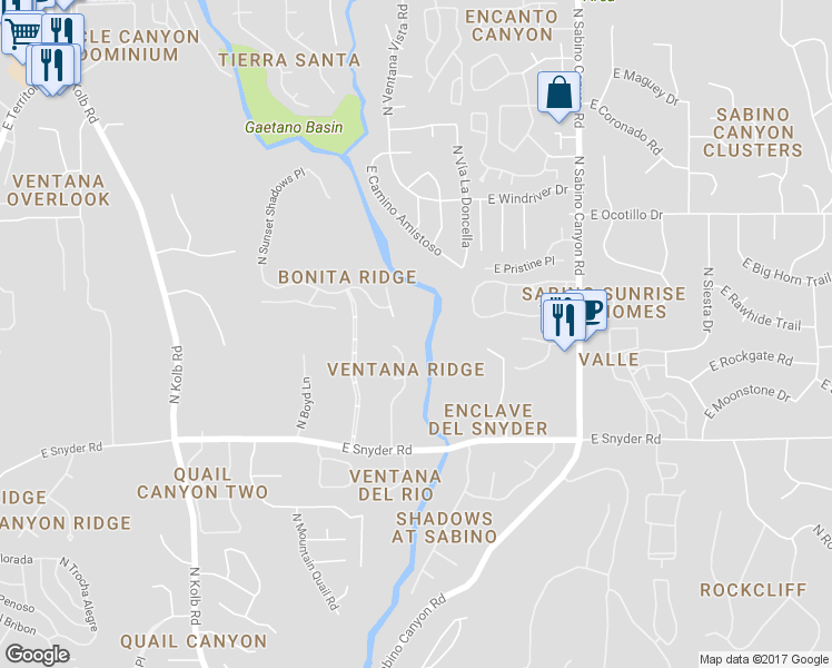 map of restaurants, bars, coffee shops, grocery stores, and more near 4956 North Ventana Ridge Place in Tucson