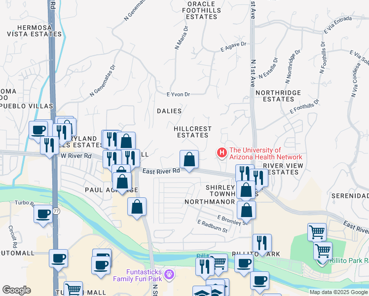 map of restaurants, bars, coffee shops, grocery stores, and more near 5053 North Hillcrest Drive in Tucson