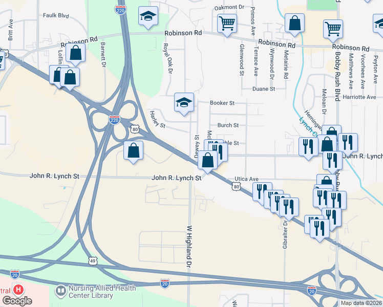 map of restaurants, bars, coffee shops, grocery stores, and more near 3320 U.S. 80 in Jackson