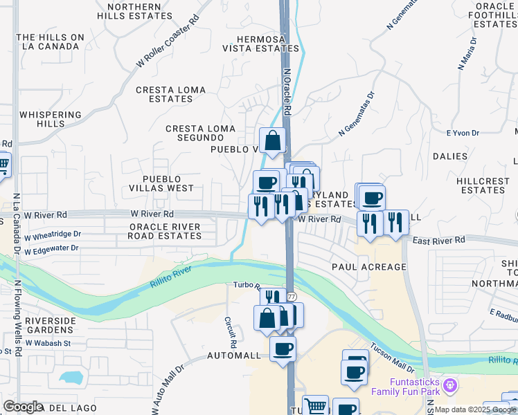 map of restaurants, bars, coffee shops, grocery stores, and more near 5018 North Pueblo Villas Drive in Tucson