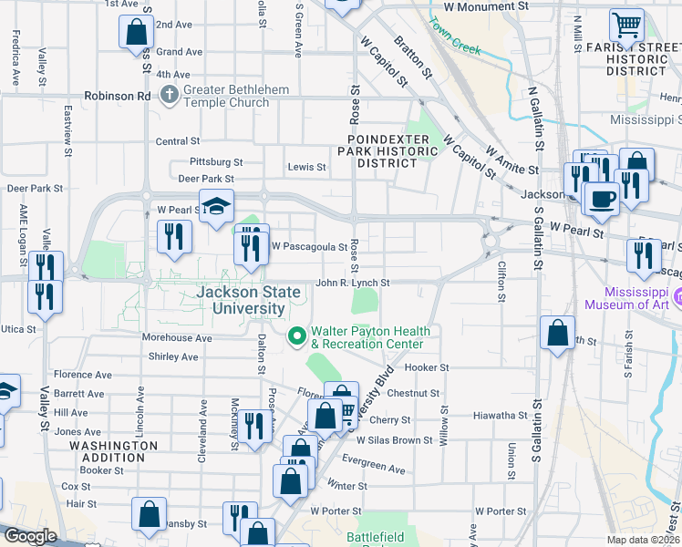 map of restaurants, bars, coffee shops, grocery stores, and more near 1033 Cleary Street in Jackson