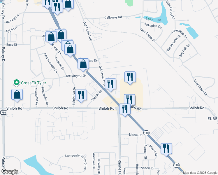 map of restaurants, bars, coffee shops, grocery stores, and more near 4715 Ponderosa Trail in Tyler