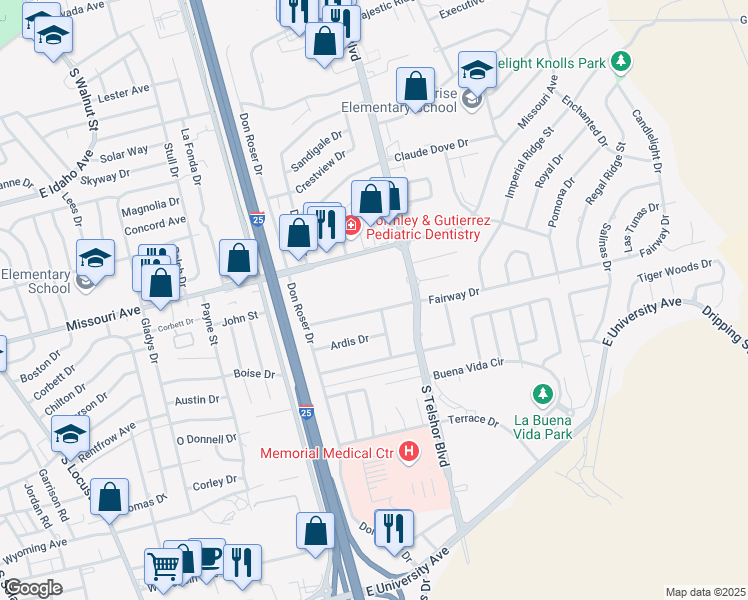map of restaurants, bars, coffee shops, grocery stores, and more near 2850 Fairway Drive in Las Cruces