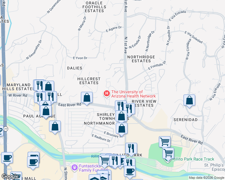 map of restaurants, bars, coffee shops, grocery stores, and more near 5025 North 1st Avenue in Tucson